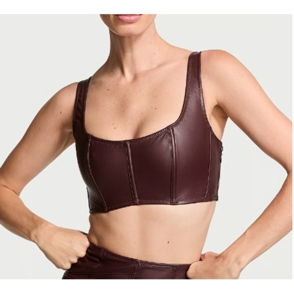 Victoria's Secret Faux Leather Corset Crop Top Burgundy Brown Lace Up XL